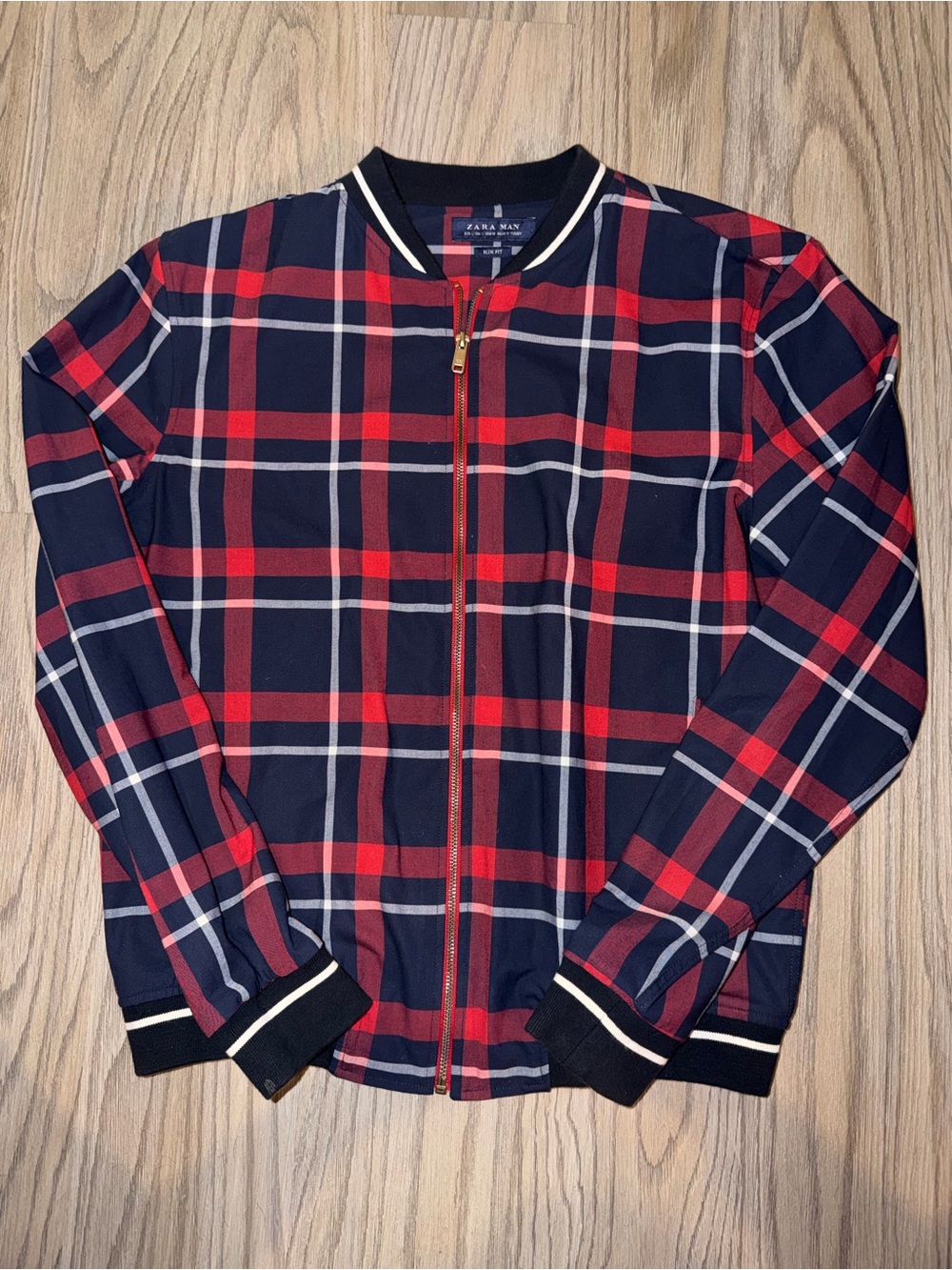 Zara Navy and Red Plaid Lightweight Bomber Jacket